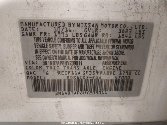 Nissan SENTRA SV 2017 3N1AB7AP8HY209011 Image 9