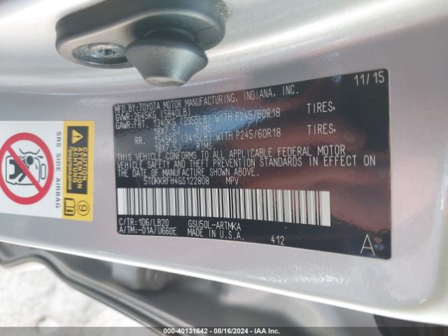 5TDKKRFH4GS122808 Toyota Highlander Xle V6