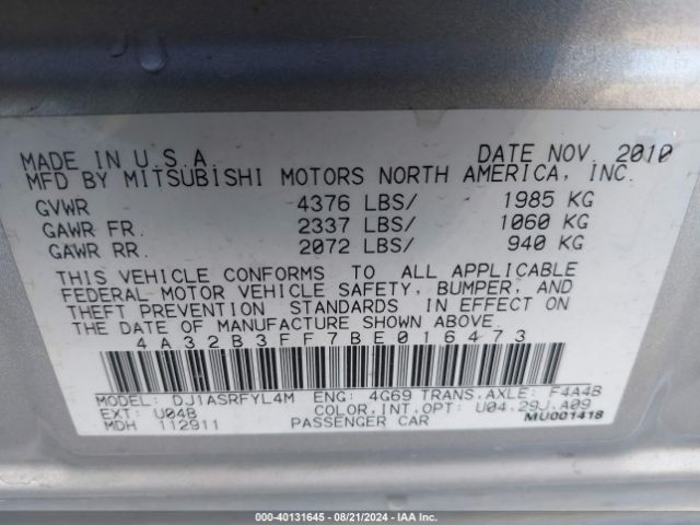 2011 MITSUBISHI GALANT 4A32B3FF7BE016473 Photo 8