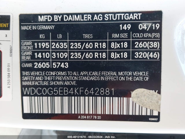 WDC0G5EB4KF642881 Mercedes-Benz Glc 350e 4matic
