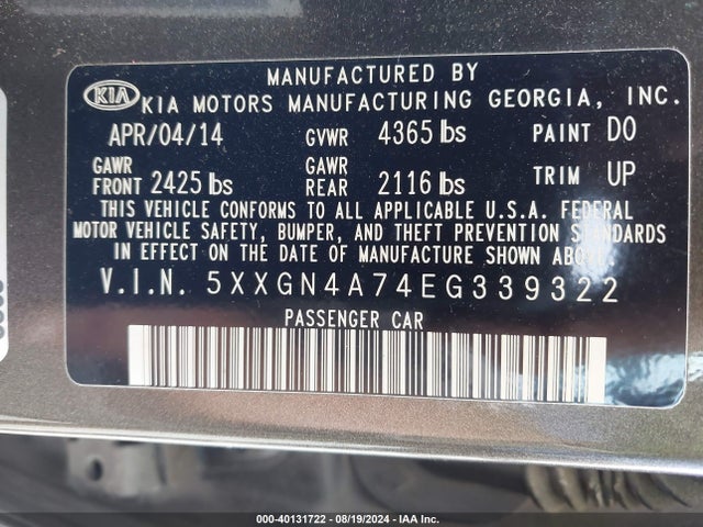 KIA OPTIMA EX 2014 5XXGN4A74EG339322 Image 9