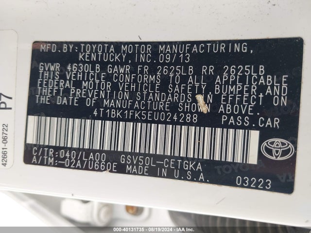 Toyota Camry Xle V6 2014 4T1BK1FK5EU024288 Image 9