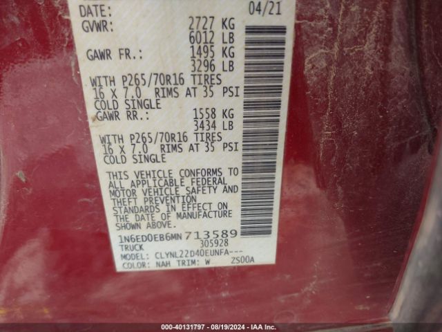 1N6ED0EB6MN713589 Nissan Frontier Sv 4x4