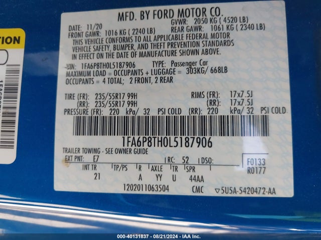 Ford Mustang Ecoboost Fastback 2020 1FA6P8TH0L5187906 Image 9