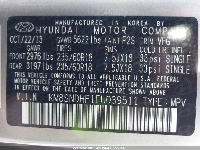KM8SNDHF1EU039511 Hyundai Santa Fe Limited