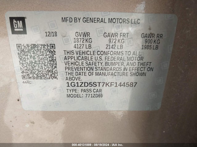 Chevrolet MALIBU LT 2019 1G1ZD5ST7KF144587 Image 9