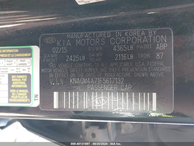 KIA Optima Lx 2015 KNAGM4A71F5617132 Image 9
