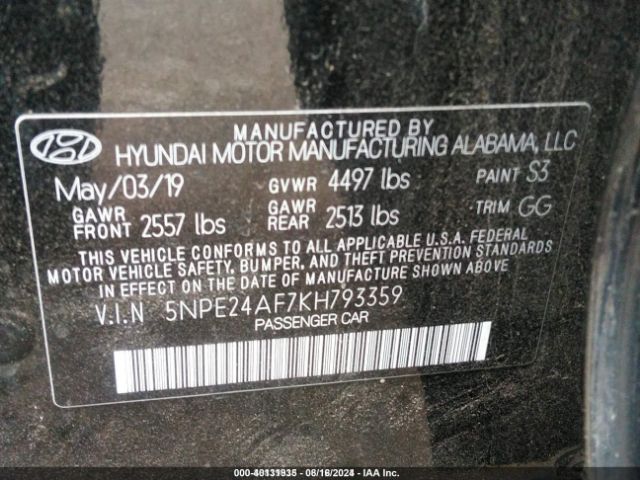 5NPE24AF7KH793359 Hyundai SONATA SE