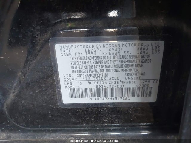 Nissan SENTRA SV 2017 3N1AB7APXHY347181 Image 9