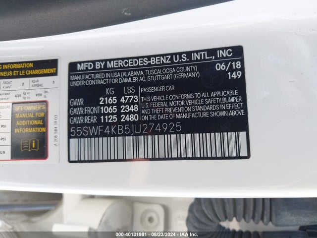 Aukcja sprzedaży 2018 Mercedes-benz C 300 4matic, vin: 55SWF4KB5JU274925, numer aukcji: 40131981