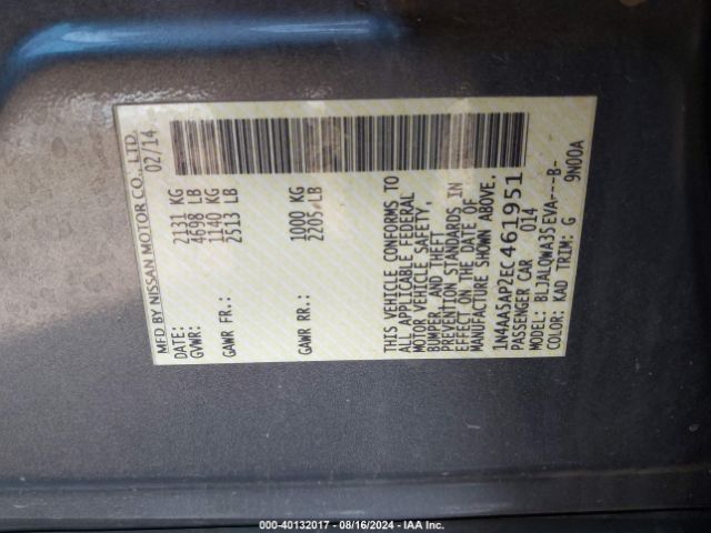 1N4AA5AP2EC461951 Nissan Maxima 3.5 S/3.5 Sv