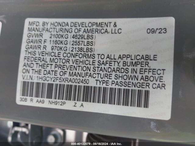 1HGCY2F5XRA002450 Honda Accord Hybrid Sport