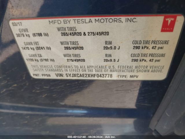 5YJXCAE2XHF043778 Tesla Model X 100d/75d/90d