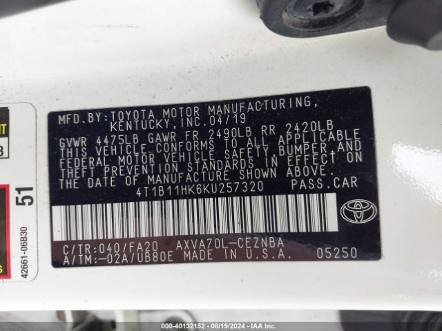 4T1B11HK6KU257320 Toyota CAMRY LE