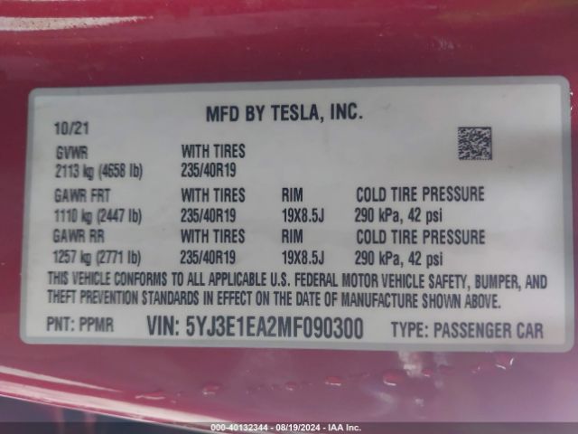5YJ3E1EA2MF090300 Tesla Model 3 Standard Range Plus Rear-wheel Drive