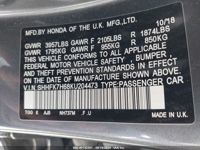 Honda CIVIC EX 2019 SHHFK7H68KU204473 Image 9