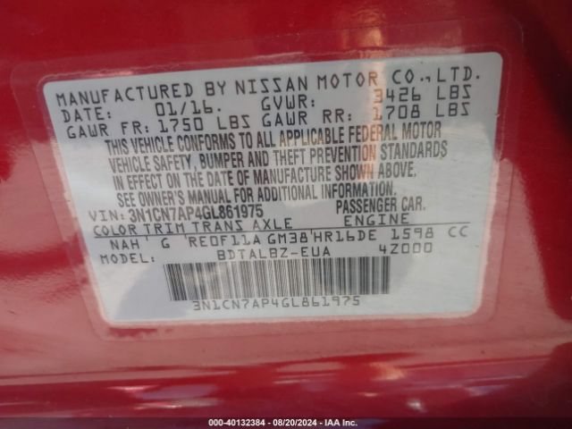 3N1CN7AP4GL861975 Nissan Versa 1.6 S/1.6 S+/1.6 Sl/1.6 Sv