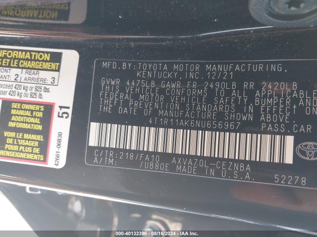 Toyota CAMRY LE 2022 4T1R11AK6NU656967 Image 9