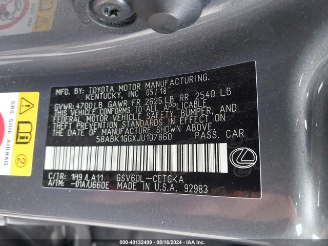 Lexus ES 350 2018 58ABK1GGXJU107860 Image 9
