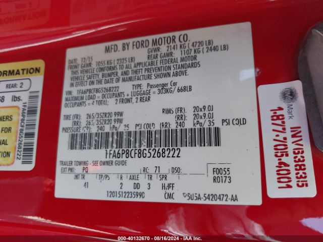 1FA6P8CF8G5268222 Ford Mustang Gt Premium