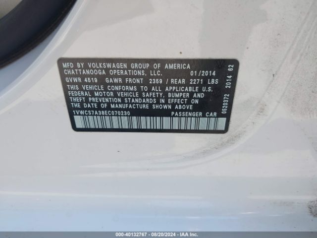 1VWCS7A38EC070230 Volkswagen Passat 1.8t Sel Premium