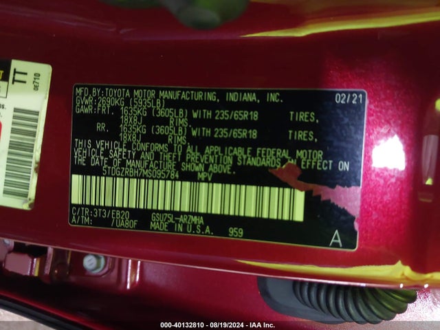 Toyota Highlander Xle 2021 5TDGZRBH7MS095784 Image 9