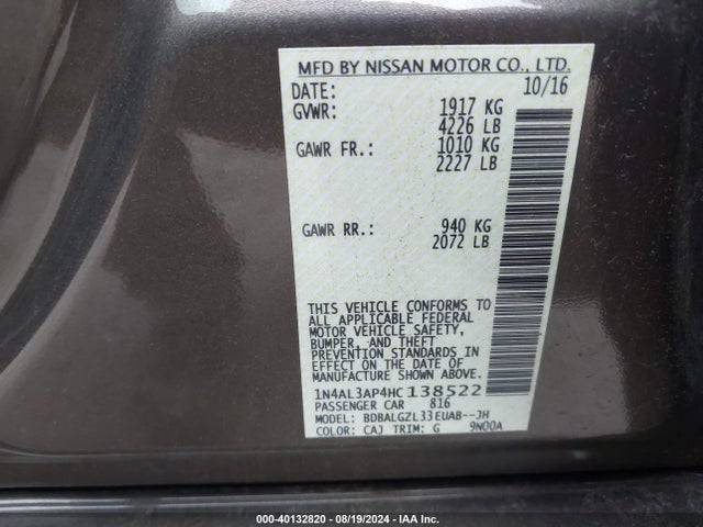 Nissan Altima 2.5 S 2017 1N4AL3AP4HC138522 Image 9