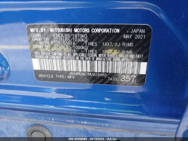 JA4ARUAU7MU029460 Mitsubishi Outlander Sport 2.0 Be Awc/2.0 Es Awc/2.0 Le Awc/2.0 Se Awc