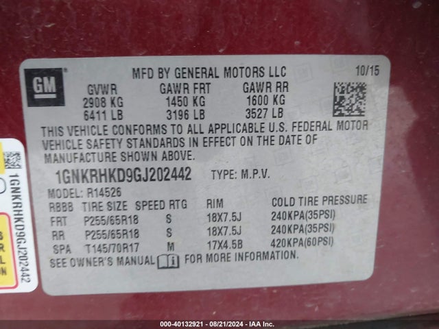 Chevrolet Traverse 2lt 2016 1GNKRHKD9GJ202442 Image 9