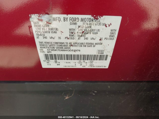 Ford EXPLORER XLT 2017 1FM5K7D88HGD52976 Image 9