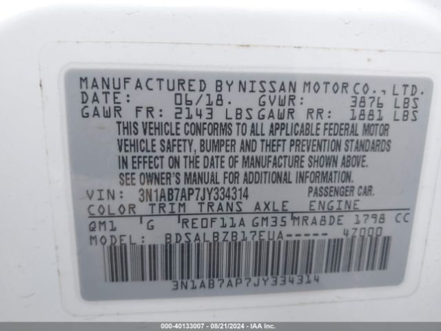 3N1AB7AP7JY334314 Nissan SENTRA S