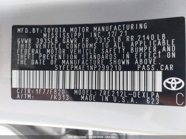 Toyota COROLLA LE 2022 5YFEPMAE1NP299210 Image 9