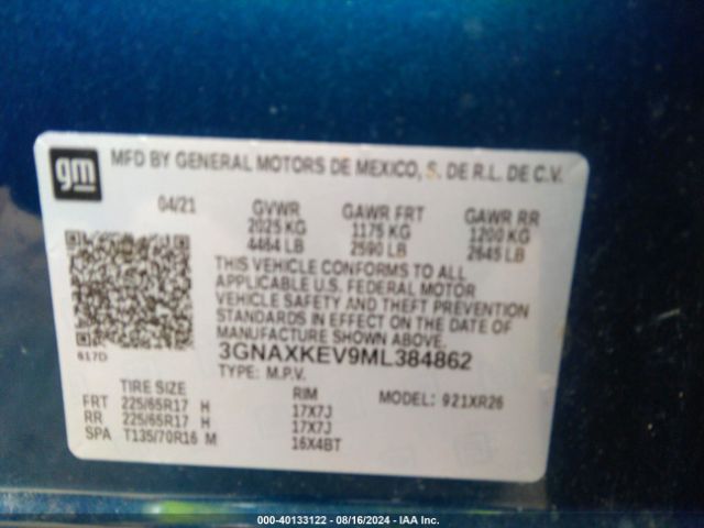3GNAXKEV9ML384862 Chevrolet Equinox Fwd Lt
