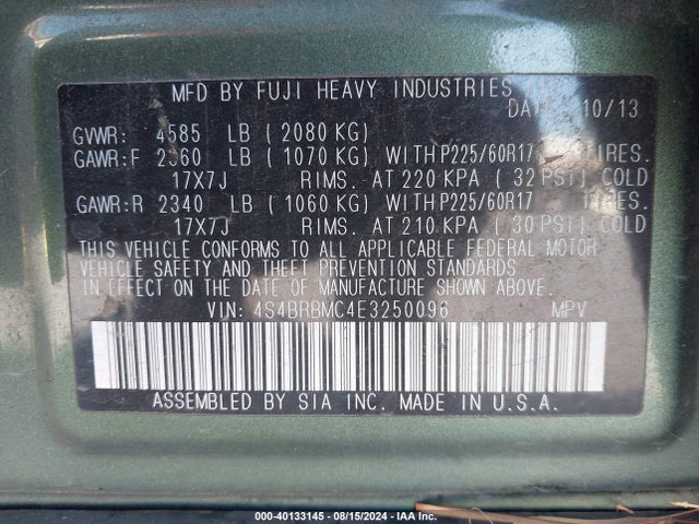 Subaru Outback 2.5i Limited 2014 4S4BRBMC4E3250096 Image 9