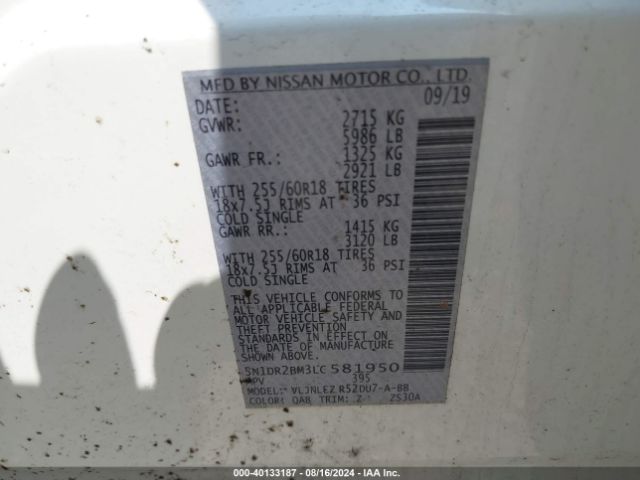 5N1DR2BM3LC581950 Nissan Pathfinder Sv 4wd