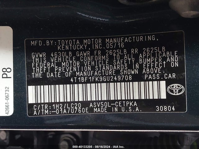 Toyota CAMRY XSE 2016 4T1BF1FK9GU249708 Image 9