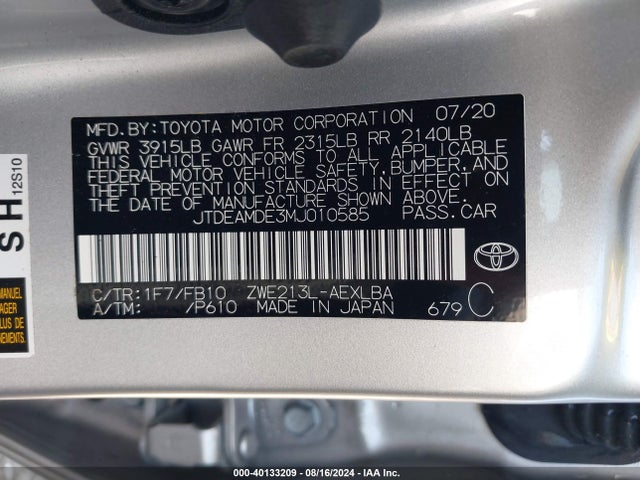 Toyota Corolla Hybrid Le 2021 JTDEAMDE3MJ010585 Image 9
