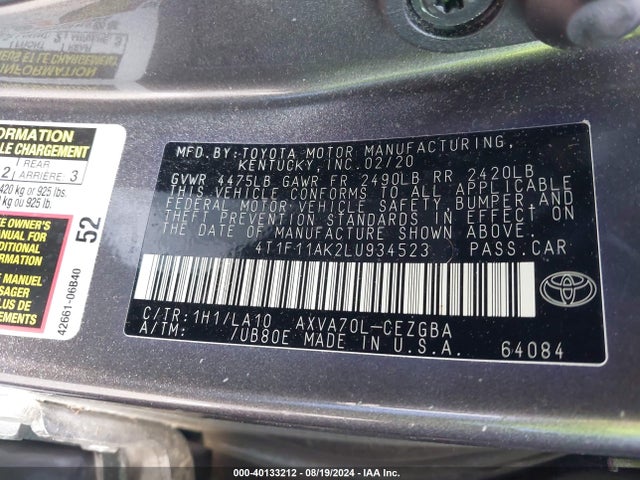 Toyota CAMRY XLE 2020 4T1F11AK2LU934523 Image 9