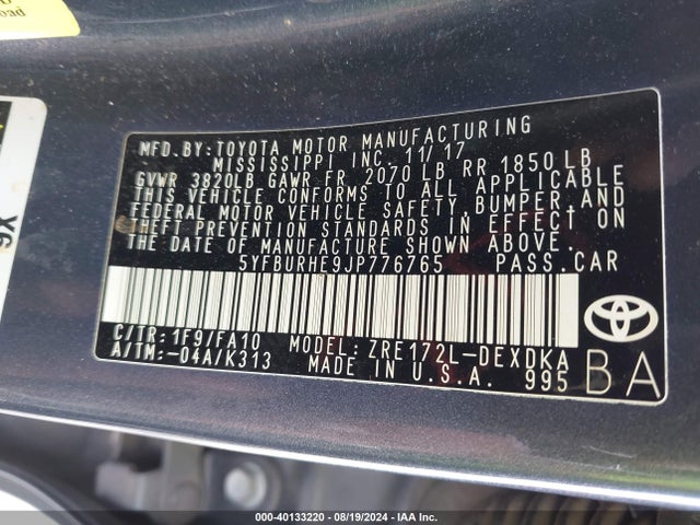 Toyota COROLLA L 2018 5YFBURHE9JP776765 Image 9