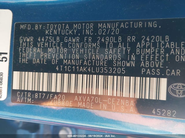 Toyota CAMRY LE 2020 4T1C11AK4LU353205 Image 9