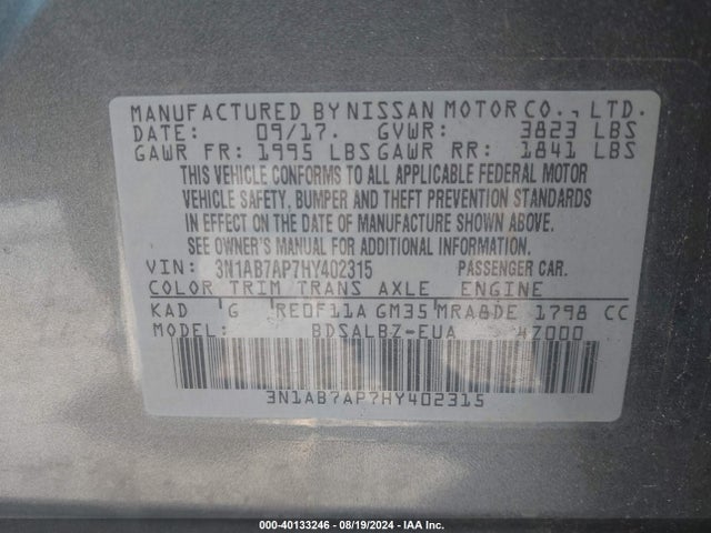 Nissan SENTRA S 2017 3N1AB7AP7HY402315 Image 9