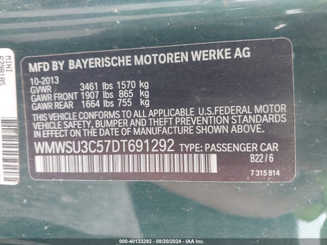 2013 MINI HARDTOP WMWSU3C57DT691292 Photo 8