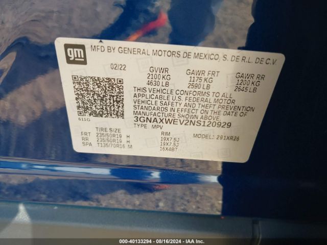3GNAXWEV2NS120929 Chevrolet Equinox Awd Rs