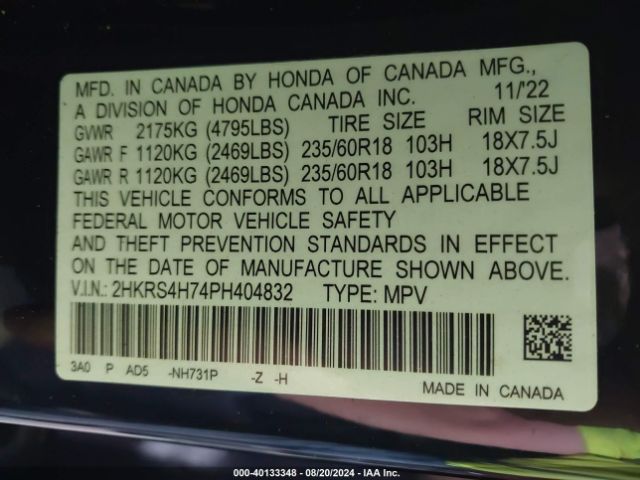 2HKRS4H74PH404832 Honda Cr-v Ex-l Awd