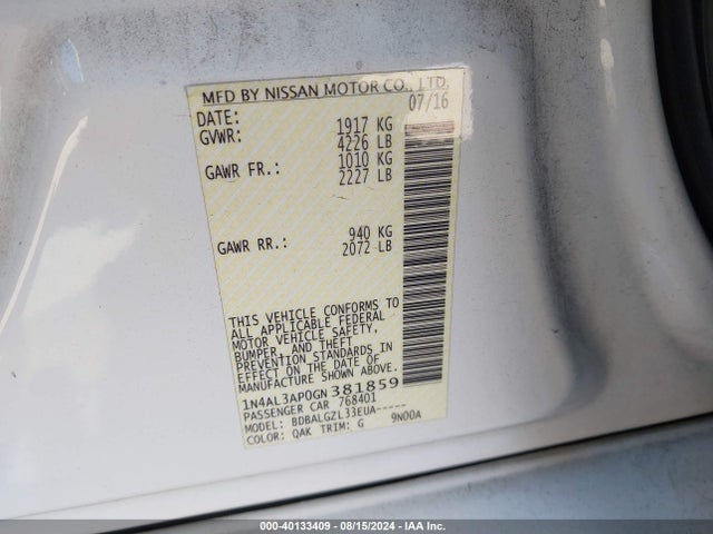Nissan Altima 2.5 S 2016 1N4AL3AP0GN381859 Image 9
