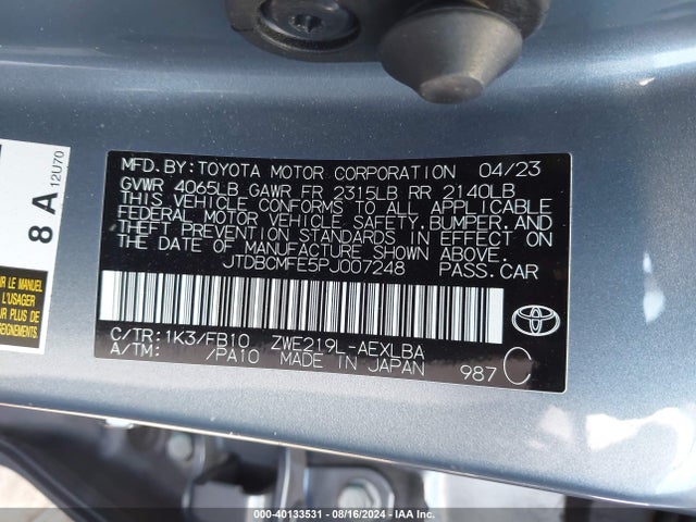 Toyota Corolla Hybrid Le 2023 JTDBCMFE5PJ007248 Image 9
