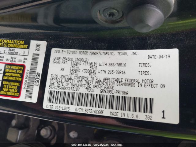5TFCZ5AN0KX193187 Toyota Tacoma Trd Pro
