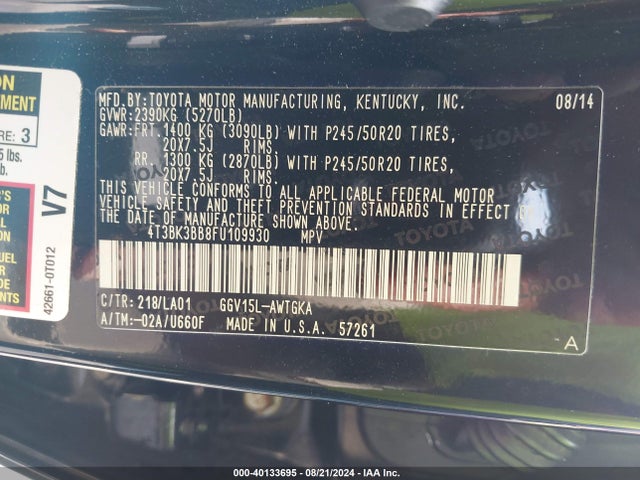 Toyota Venza Xle V6 2015 4T3BK3BB8FU109930 Image 9