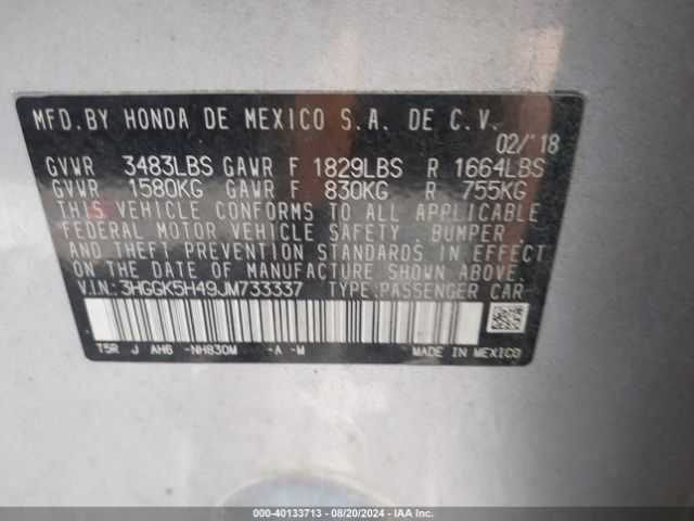 3HGGK5H49JM733337 Honda FIT LX