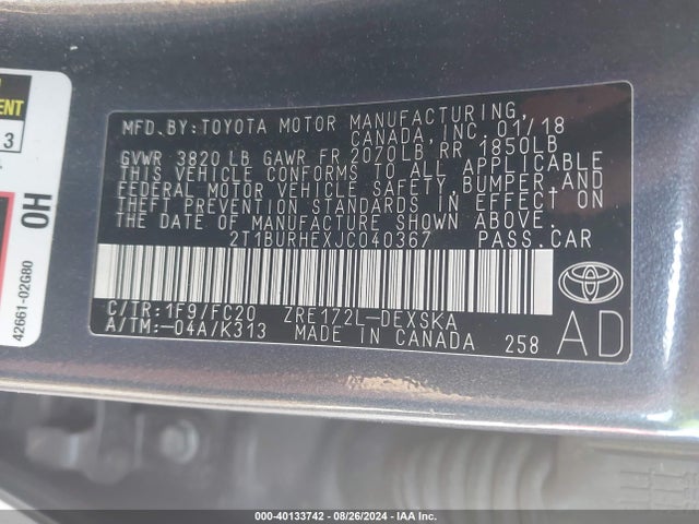 Toyota COROLLA SE 2018 2T1BURHEXJC040367 Image 9